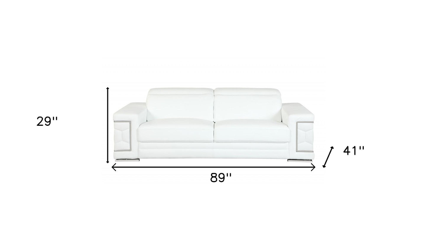 89" White And Silver Italian Leather Sofa