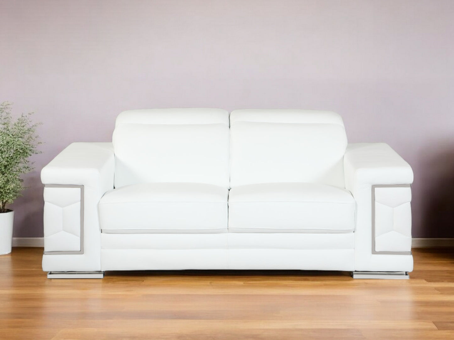 89" White Italian Leather Sofa With Silver Legs