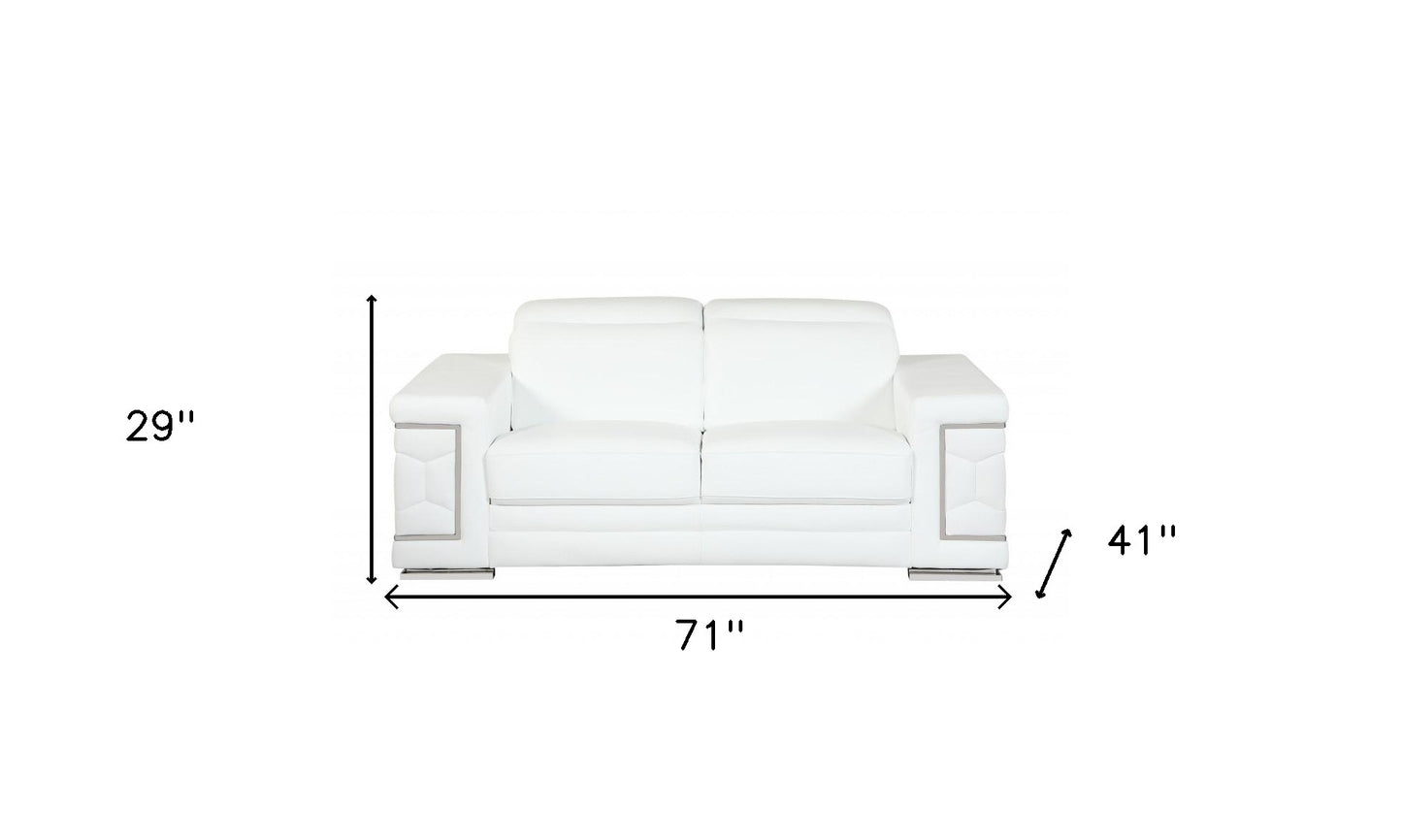 89" White Italian Leather Sofa With Silver Legs