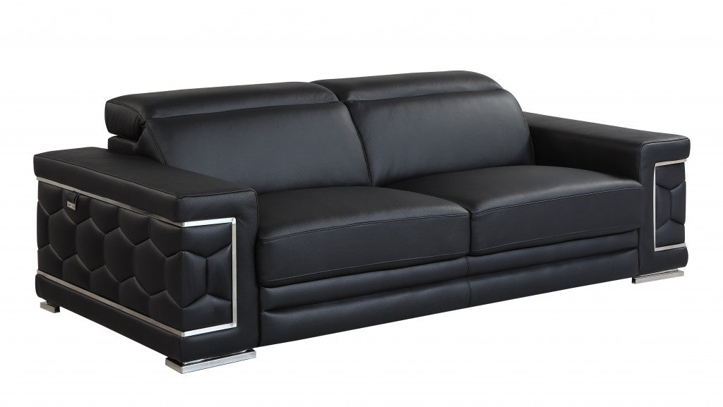 89" Black And Silver Italian Leather Sofa