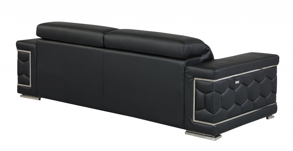89" Black Italian Leather Sofa With Silver Legs