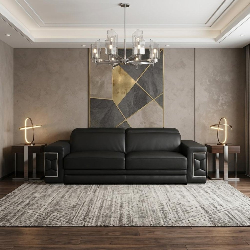 89" Black Italian Leather Sofa With Silver Legs