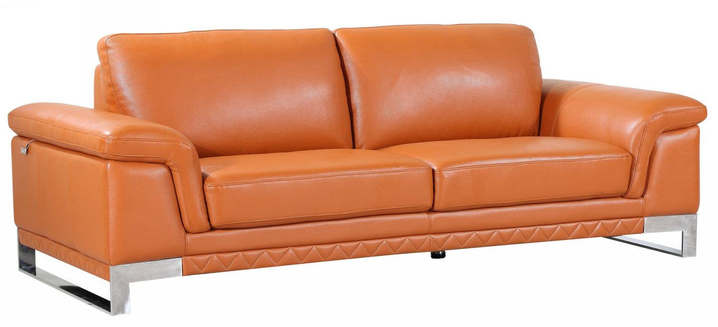 90" Camel And Silver Italian Leather Sofa