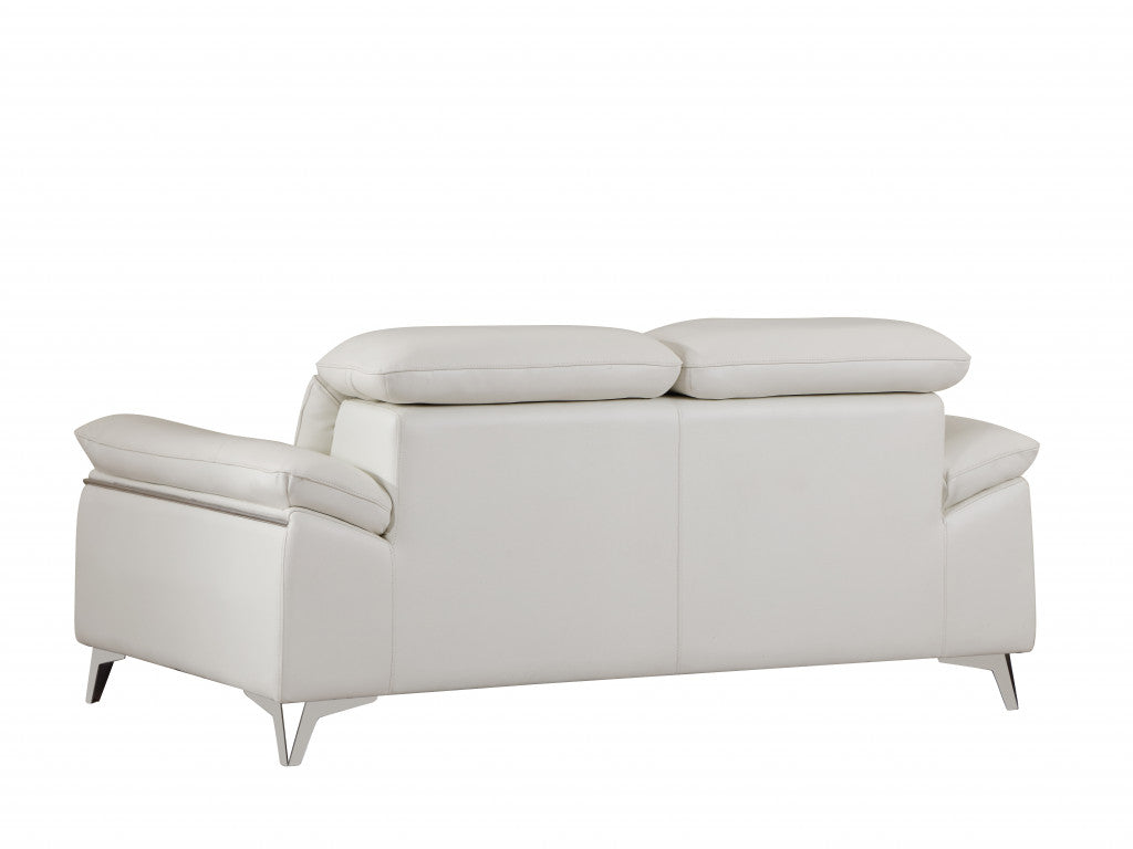 71" White Italian Leather Sofa With Silver Legs