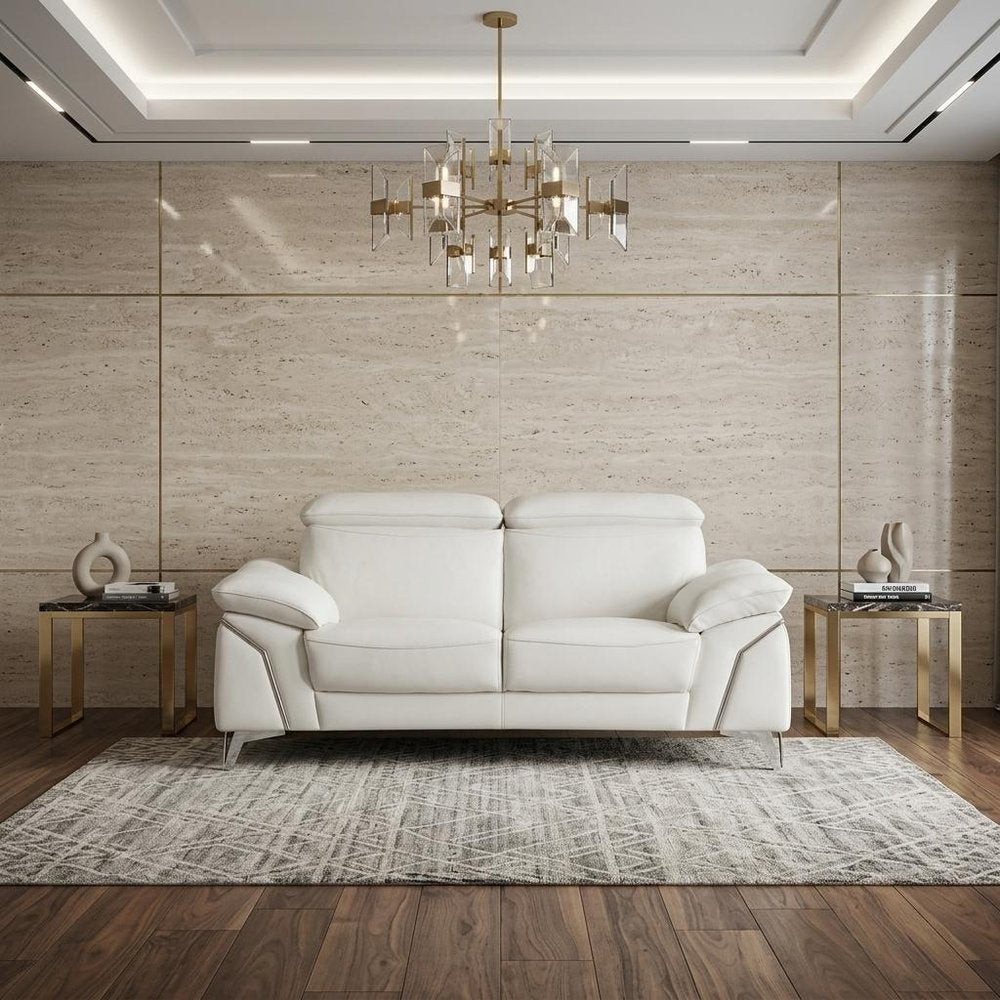 87" White Italian Leather Sofa With Silver Legs