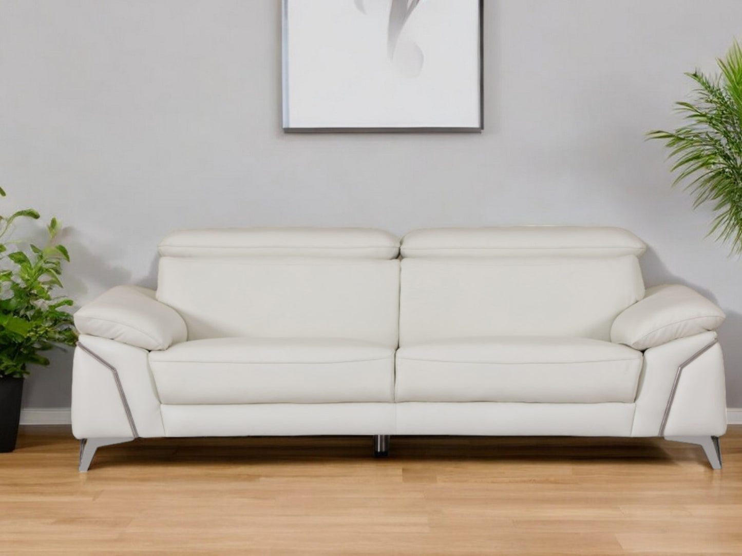 71" White Italian Leather Sofa With Silver Legs