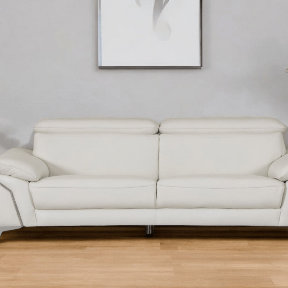 71" White Italian Leather Sofa With Silver Legs
