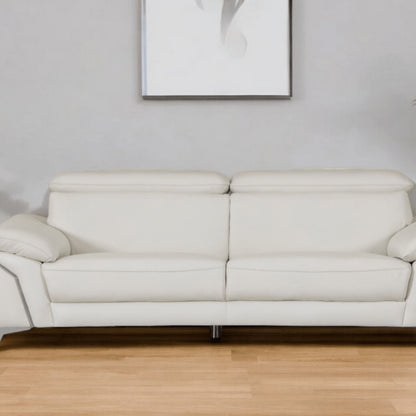71" White Italian Leather Sofa With Silver Legs