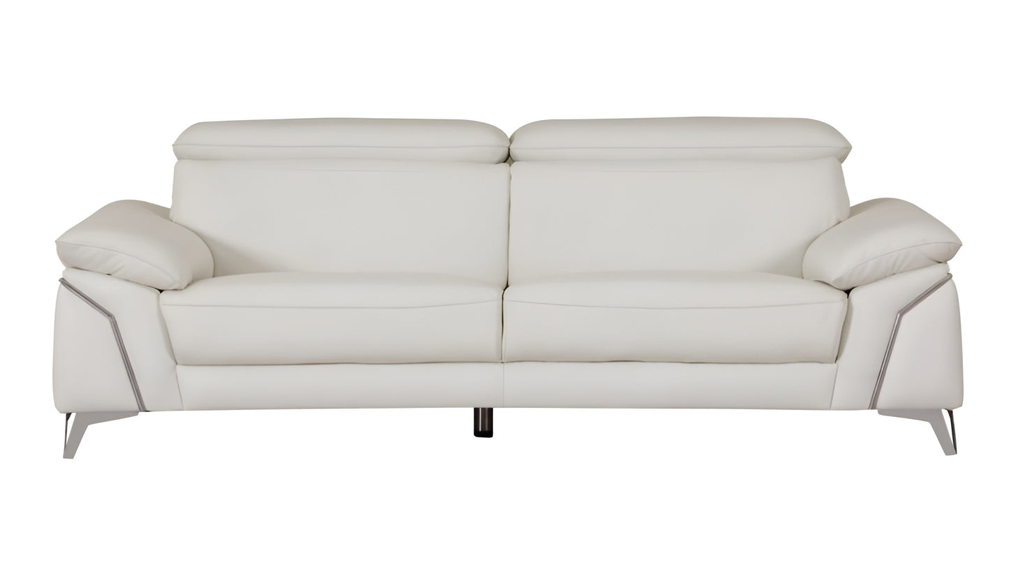 71" White Italian Leather Sofa With Silver Legs