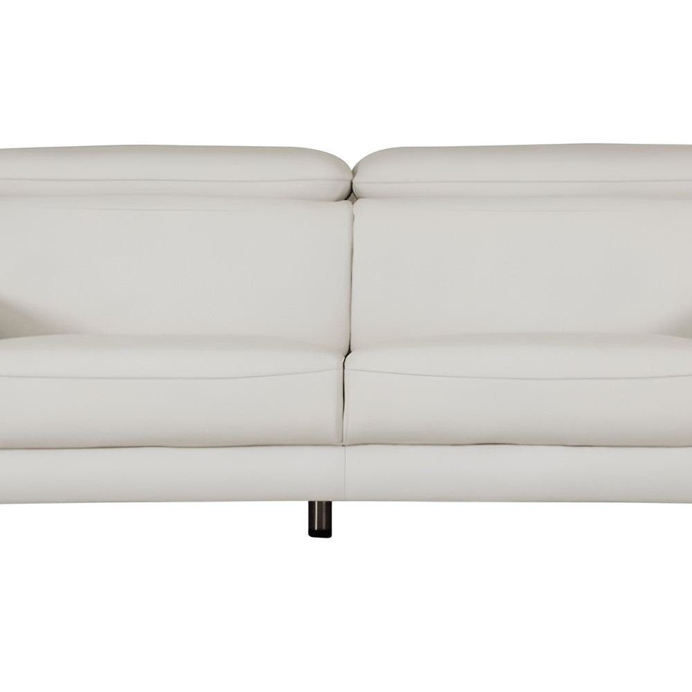 71" White Italian Leather Sofa With Silver Legs