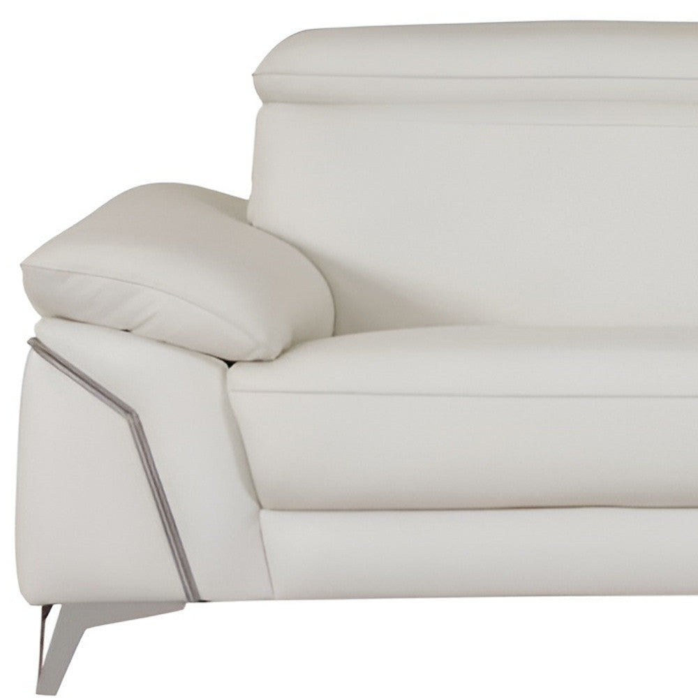 71" White Italian Leather Sofa With Silver Legs