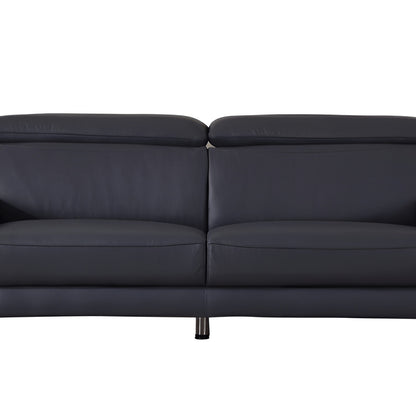 87" Blue Italian Leather Sofa With Silver Legs