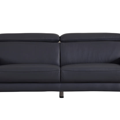 87" Blue Italian Leather Sofa With Silver Legs
