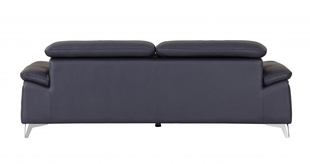 87" Blue And Silver Italian Leather Sofa