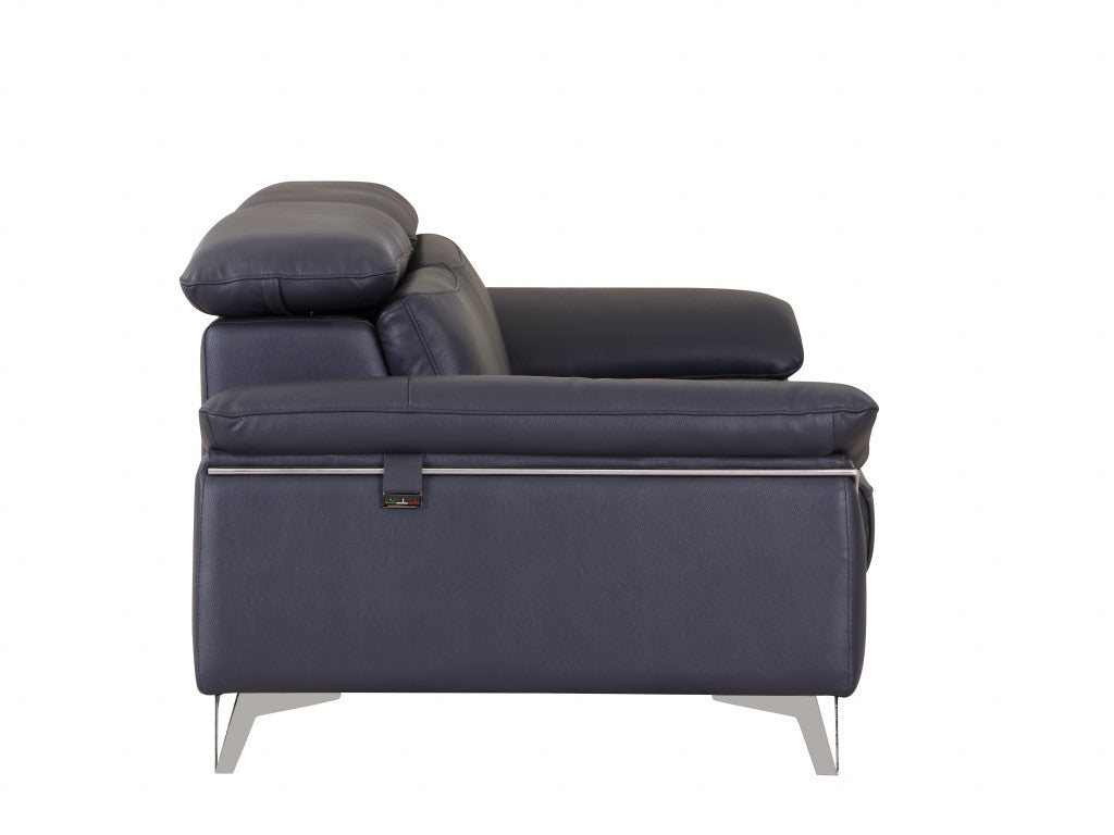 87" Blue And Silver Italian Leather Sofa