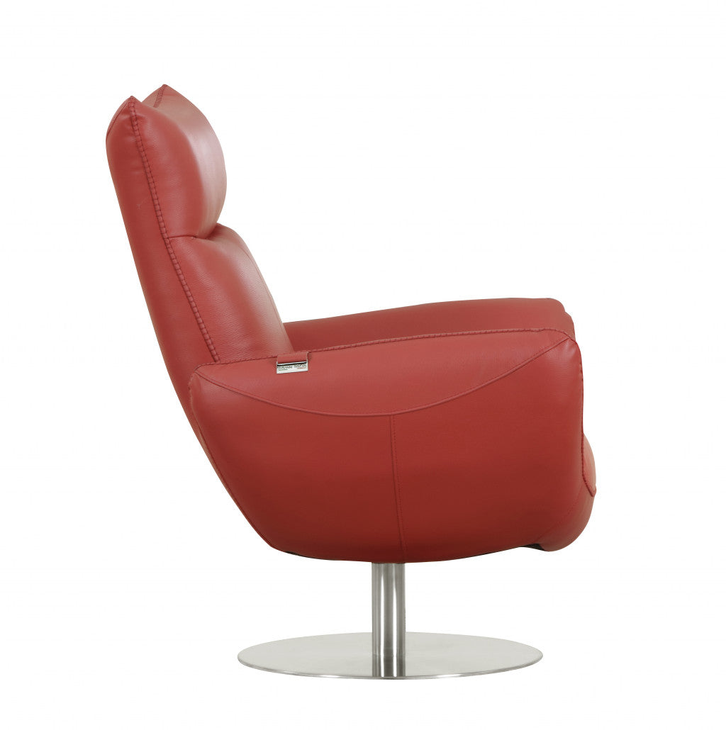 37" Red And Silver Genuine Leather Swivel Lounge Chair