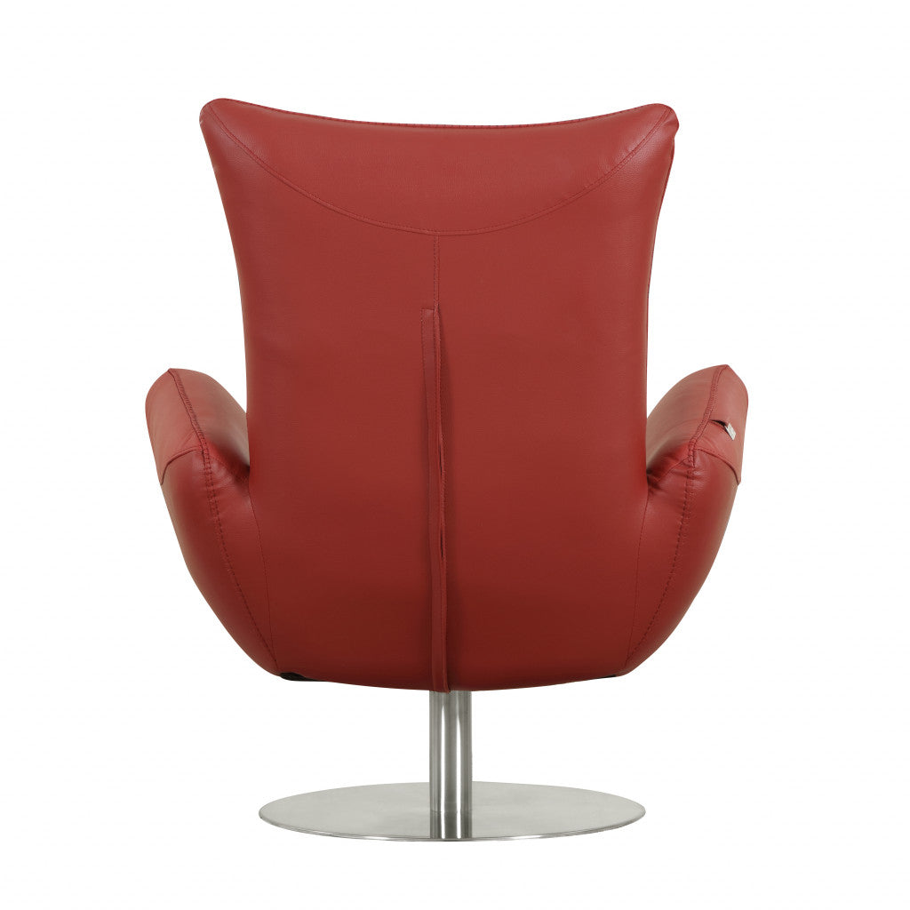 37" Red And Silver Genuine Leather Swivel Lounge Chair