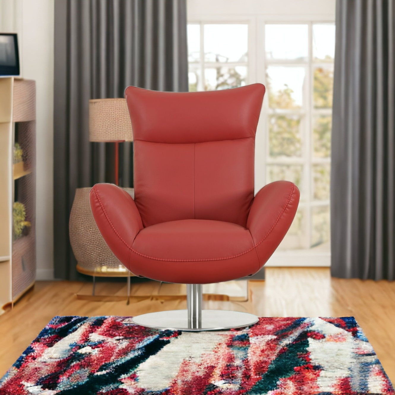 37" Red And Silver Genuine Leather Swivel Lounge Chair