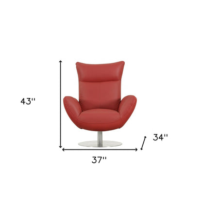 37" Red And Silver Genuine Leather Swivel Lounge Chair