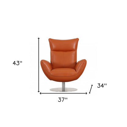 37" Red And Silver Genuine Leather Swivel Lounge Chair