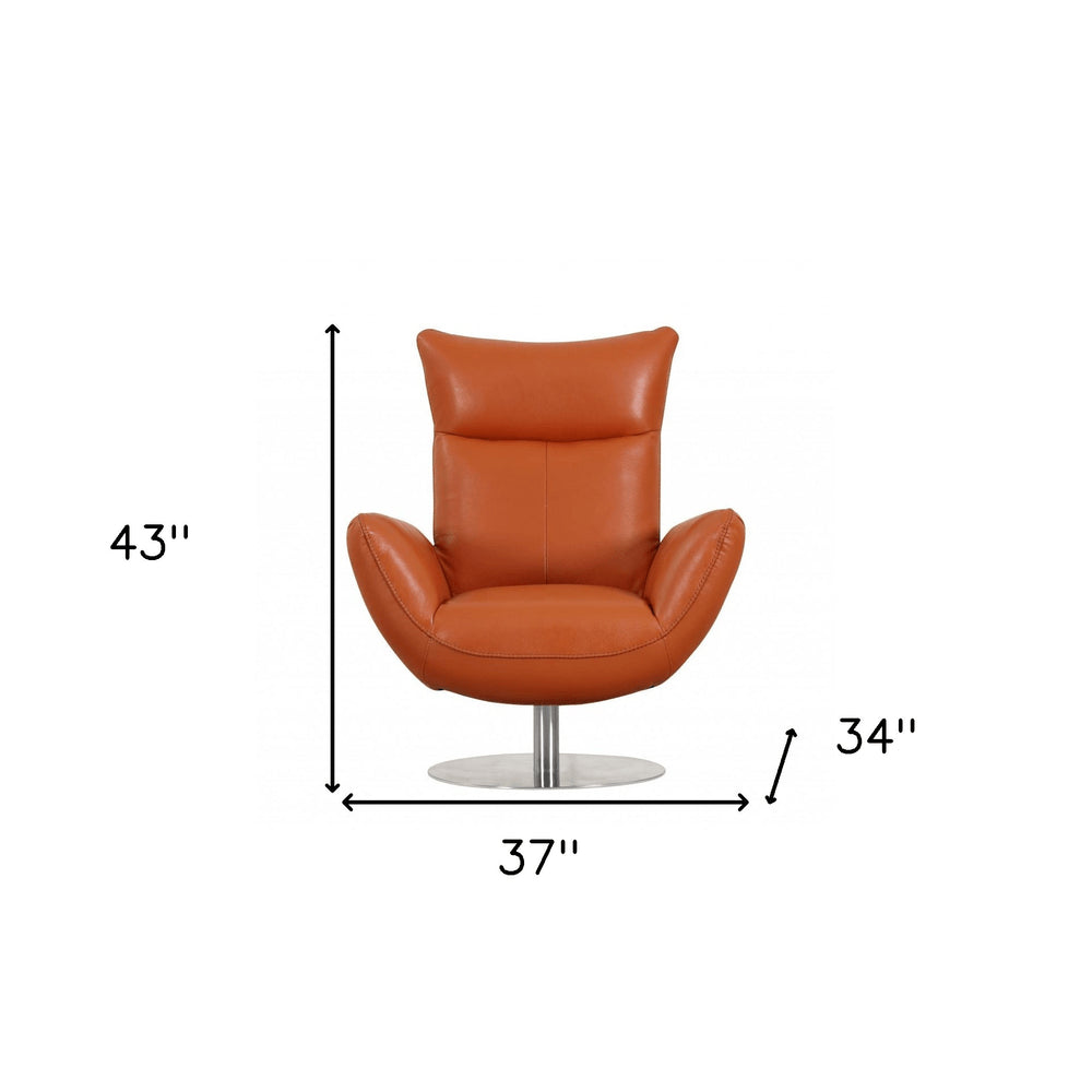 37" Red And Silver Genuine Leather Swivel Lounge Chair