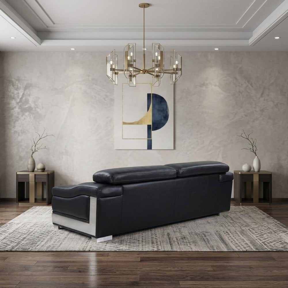 92" Black Italian Leather Sofa With Silver Legs