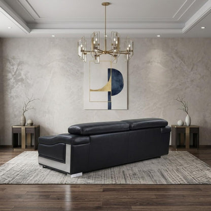 92" Black Italian Leather Sofa With Silver Legs