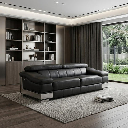 92" Black Italian Leather Sofa With Silver Legs