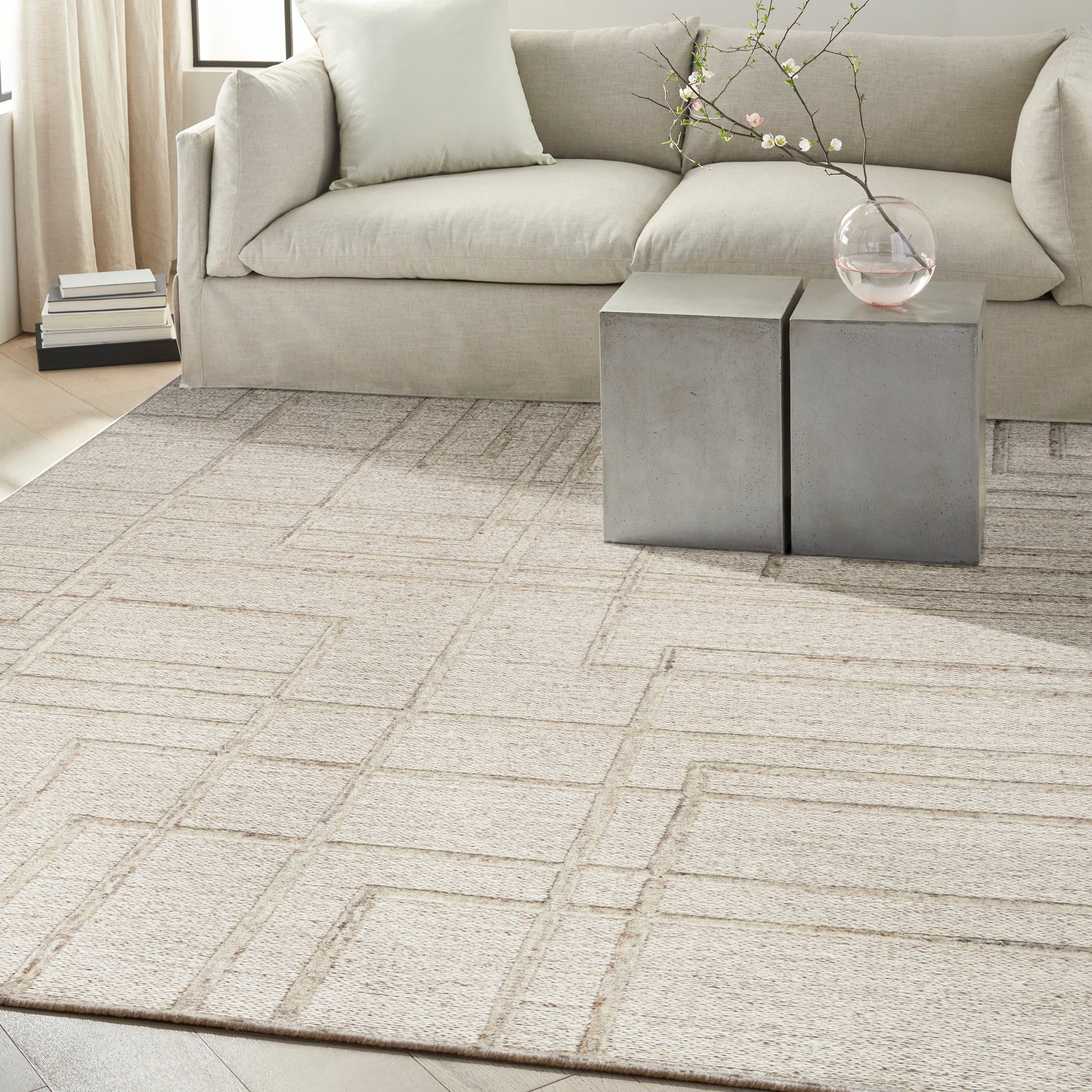 Beige fabric sofa and cream geometric area rug; two gray cube side tables with a glass vase and branch.