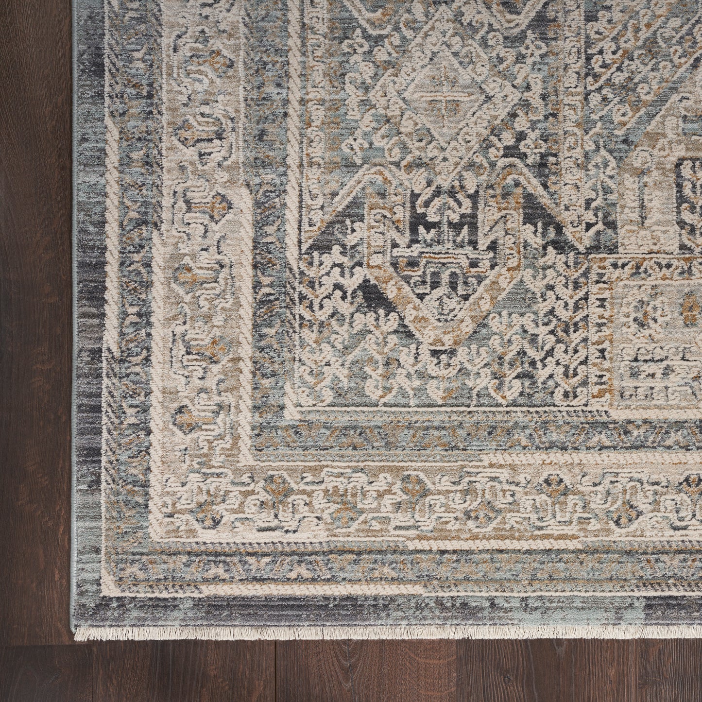 Blue and ivory Persian-style area rug with central medallion and geometric borders on dark hardwood.