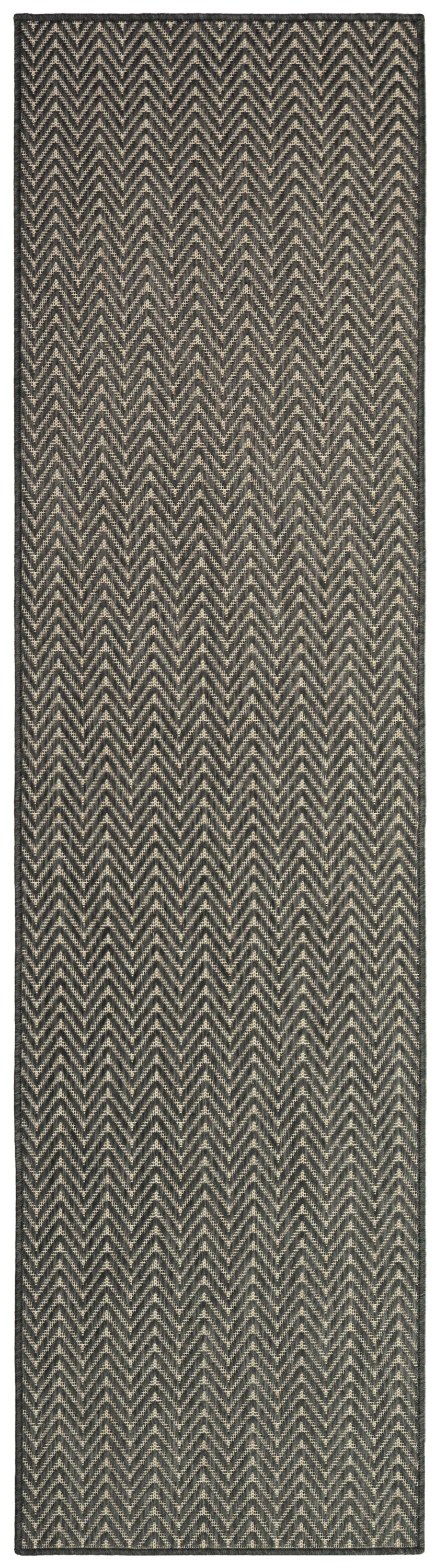 Charcoal & ivory chevron-pattern runner rug, 6' long, narrow rectangular woven textile for hallway or entryway.