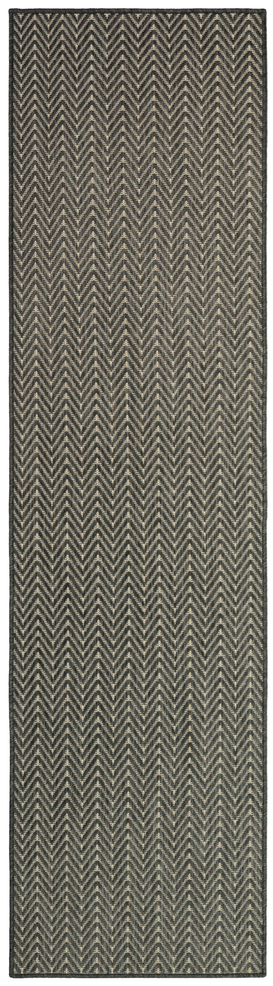 Charcoal & ivory chevron-pattern runner rug, 6' long, narrow rectangular woven textile for hallway or entryway.