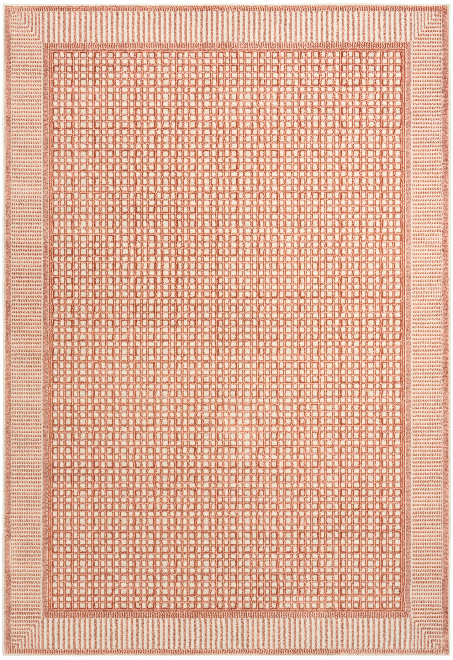 Rectangular peach rug with a tight square lattice center and striped border.