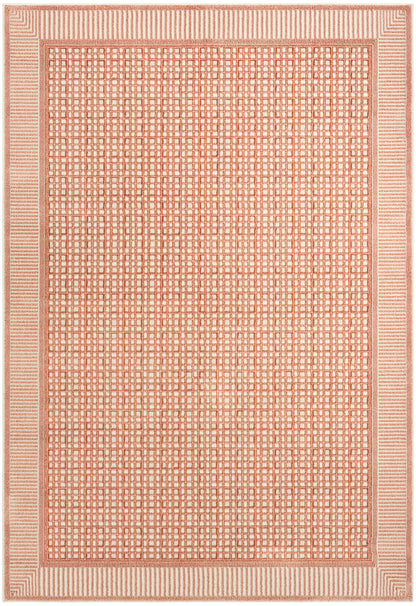Rectangular peach rug with a tight square lattice center and striped border.
