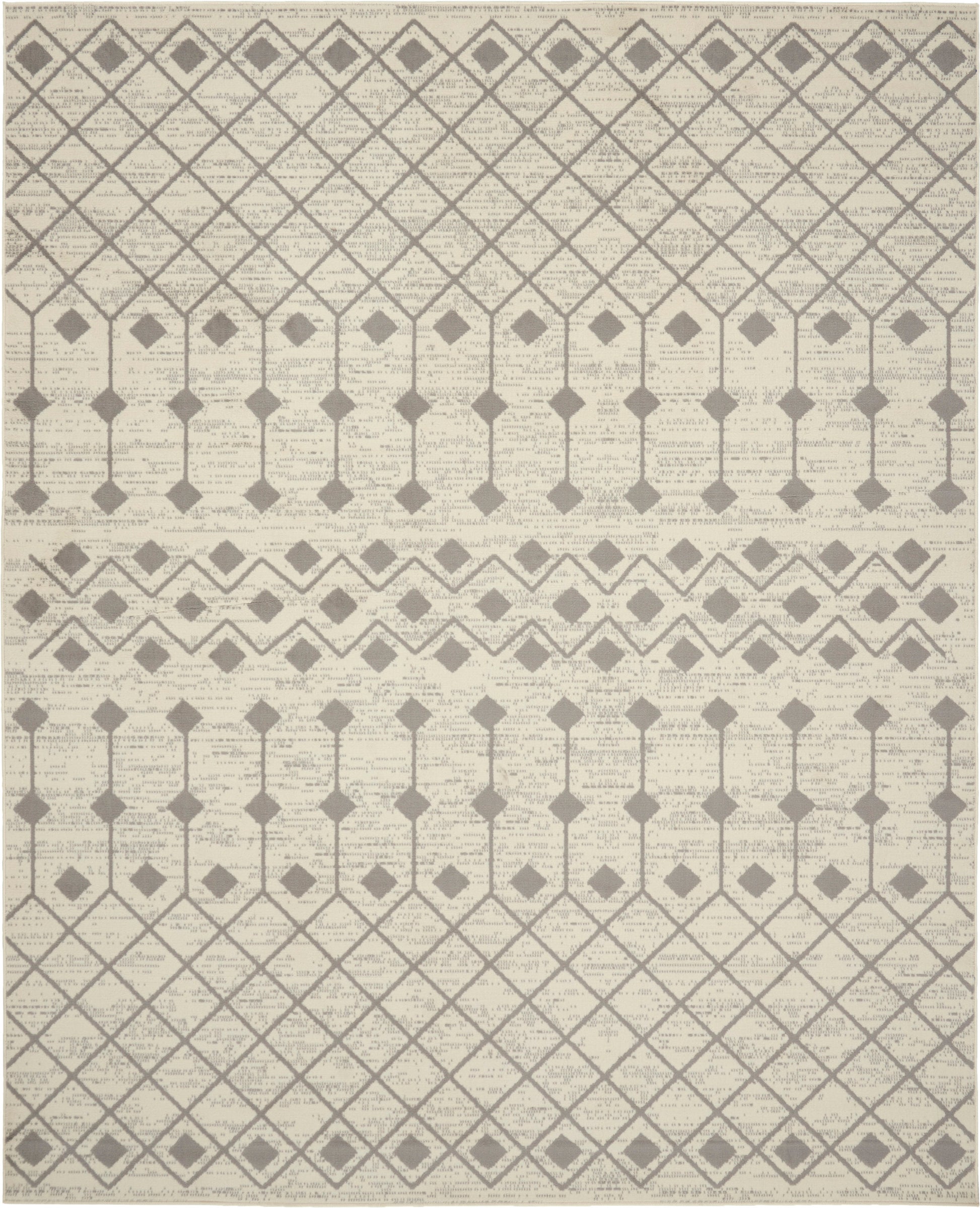 Beige area rug with taupe geometric diamond lattice and diamond-row motifs; modern chic.
