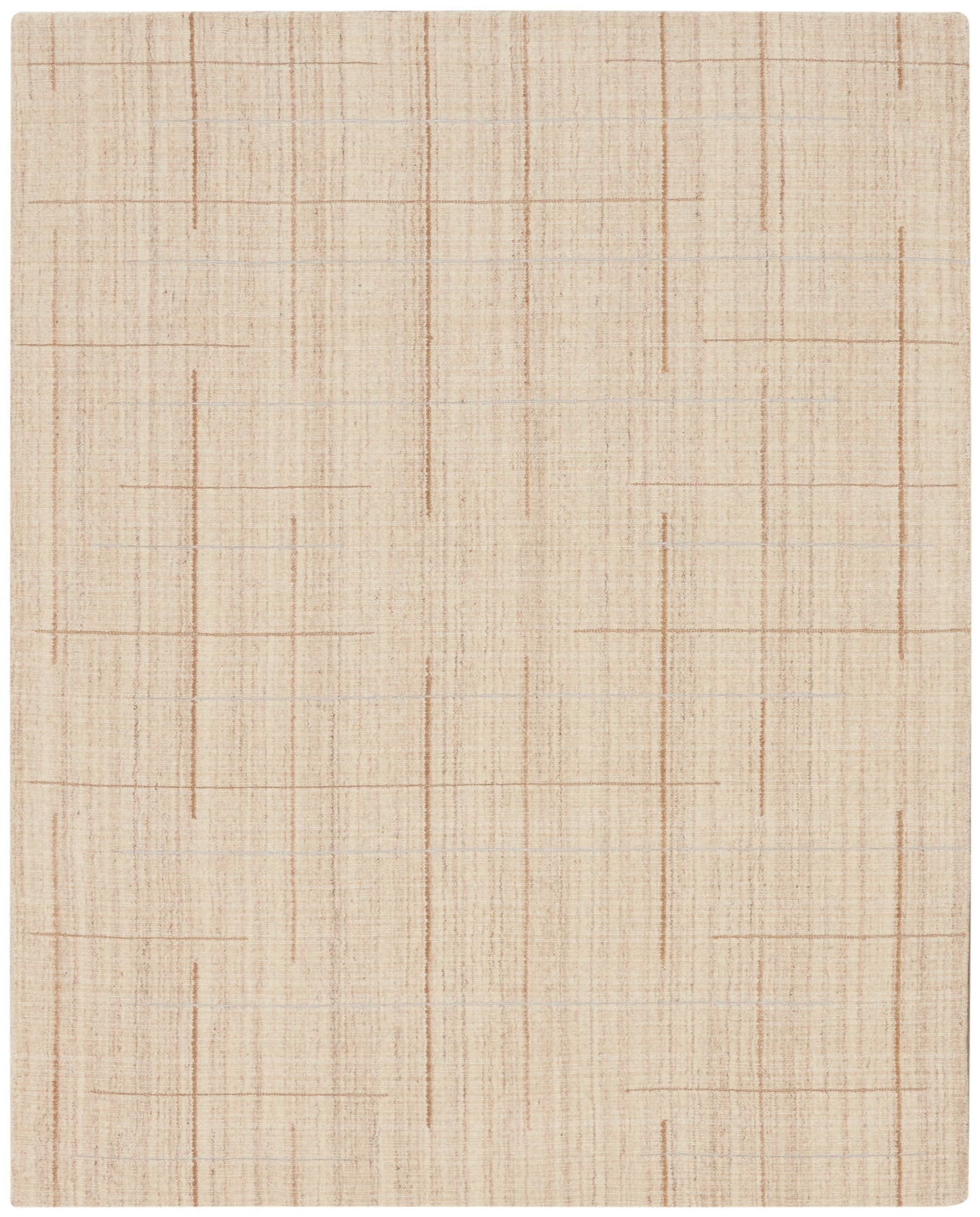 Beige linen-look woven rug with a faint brown grid pattern; neutral farmhouse-style rug with subtle texture.