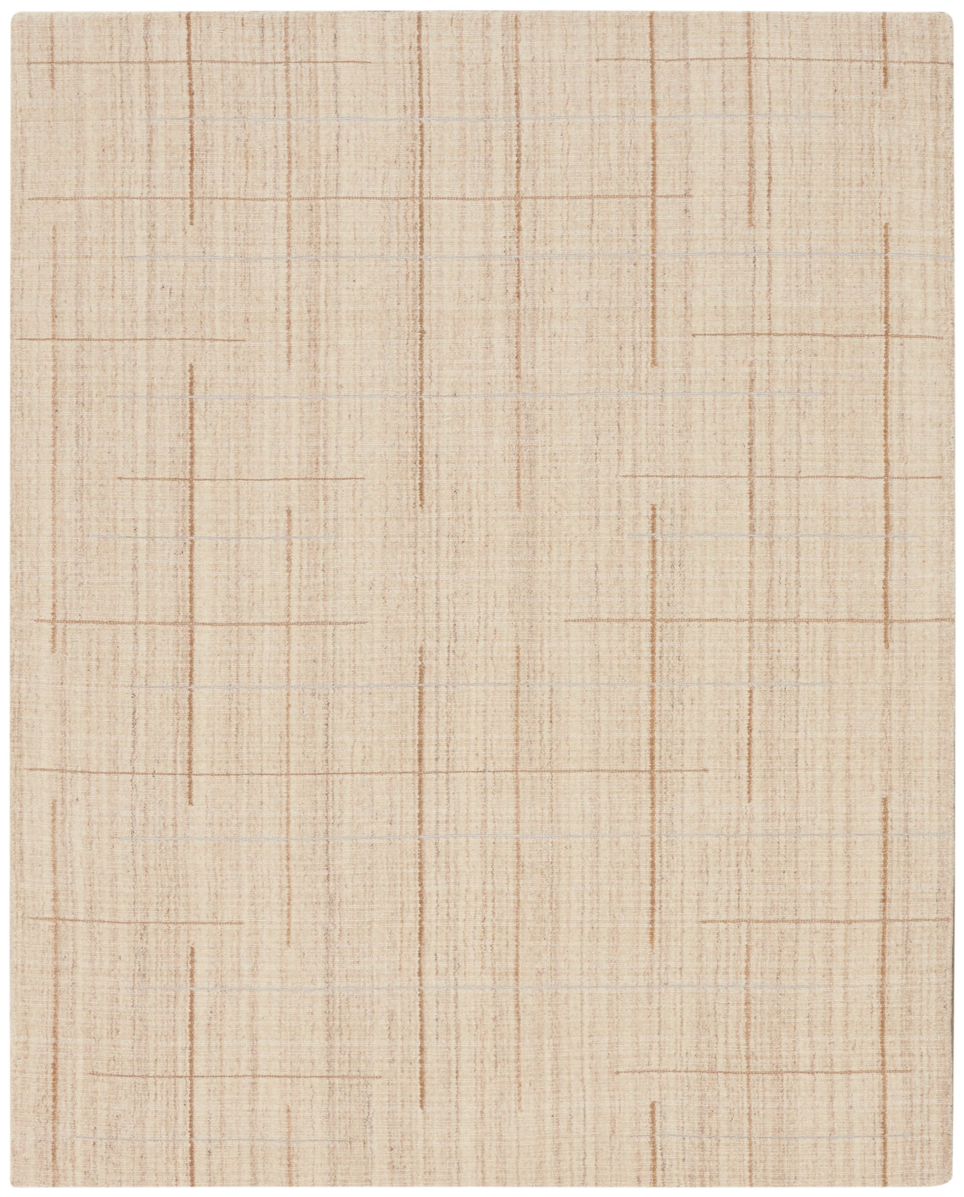 Beige linen-look woven rug with a faint brown grid pattern; neutral farmhouse-style rug with subtle texture.