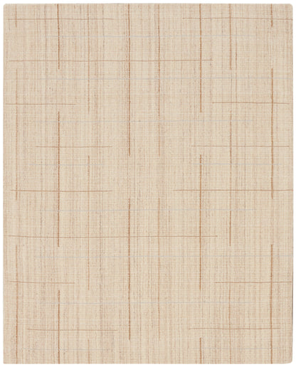 Beige linen-look woven rug with a faint brown grid pattern; neutral farmhouse-style rug with subtle texture.