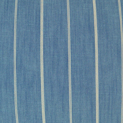 Blue pillow with white vertical stripes and a denim-like weave; 24" x 24" home decor pillow.