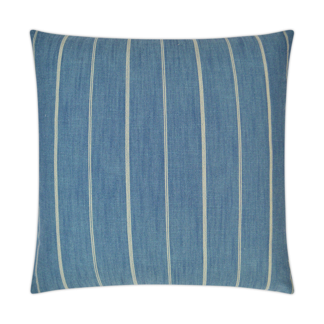Blue denim-look throw pillow with vertical white stripes.