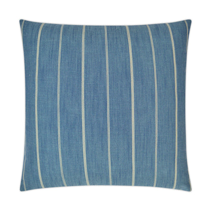 Blue denim-look throw pillow with vertical white stripes.
