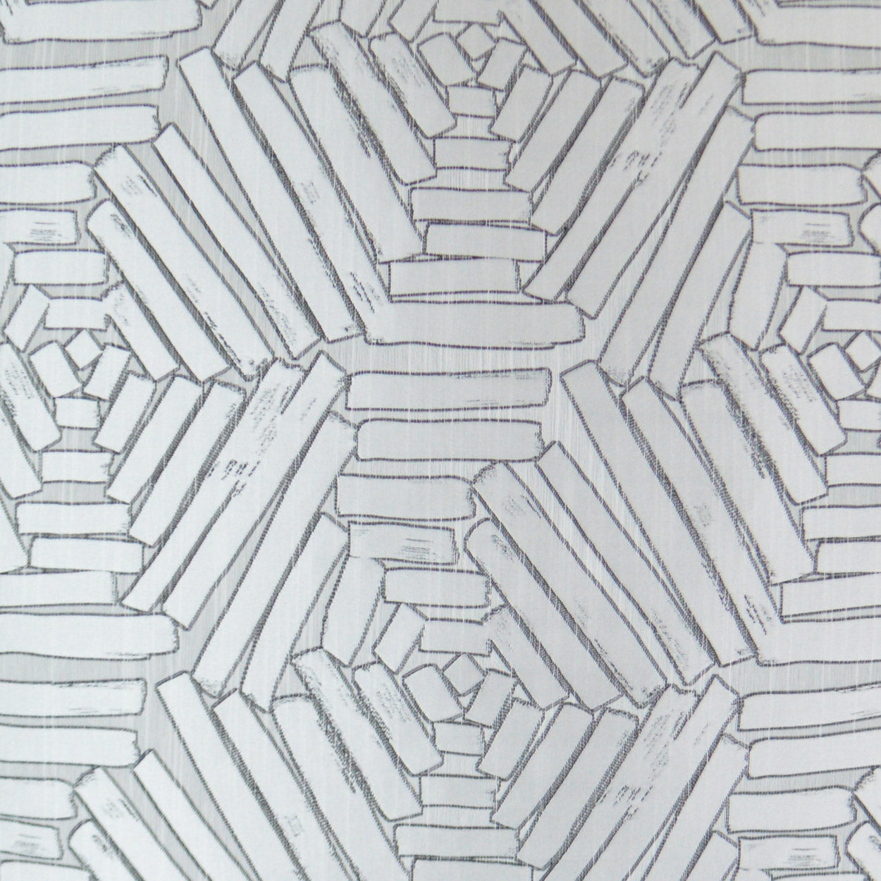 Gray geometric fabric print with interlocking diagonal brick shapes and subtle sketch-style lines.