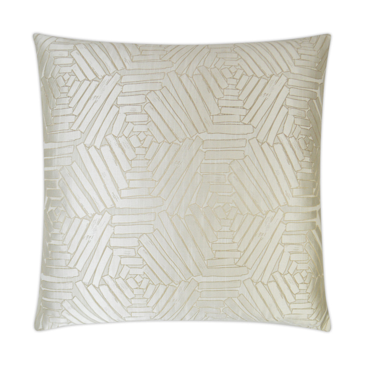 Cream square decorative pillow with a geometric, raised interlocking pattern.