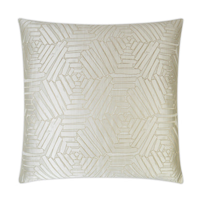 Cream square decorative pillow with a geometric, raised interlocking pattern.