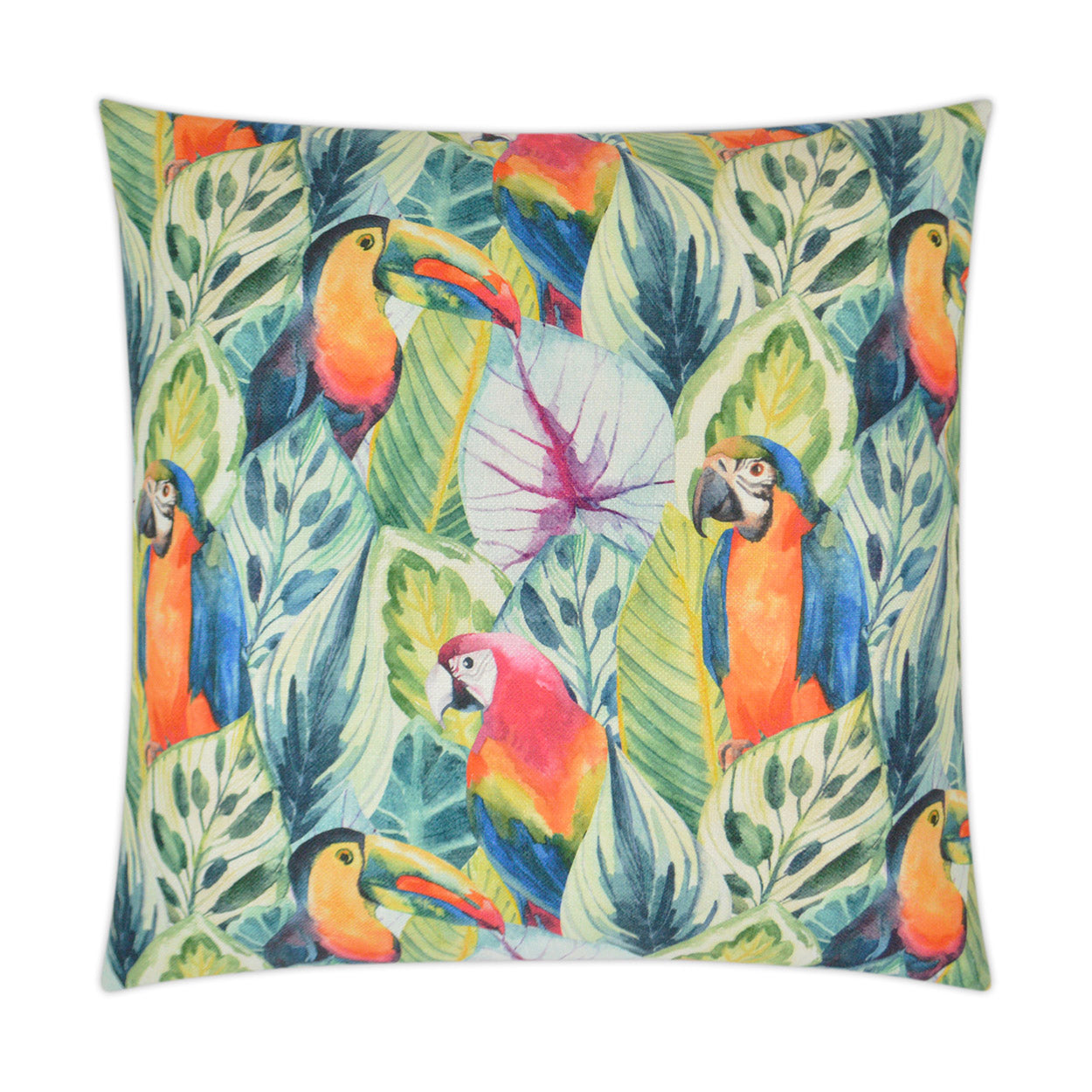 Square decorative throw pillow with a vibrant tropical print of macaws among green leaves in orange, blue and pink hues.