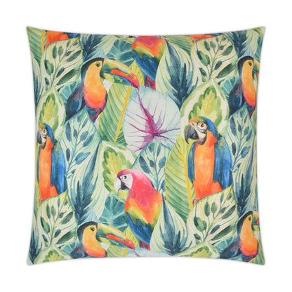 Square decorative throw pillow with a vibrant tropical print of macaws among green leaves in orange, blue and pink hues.
