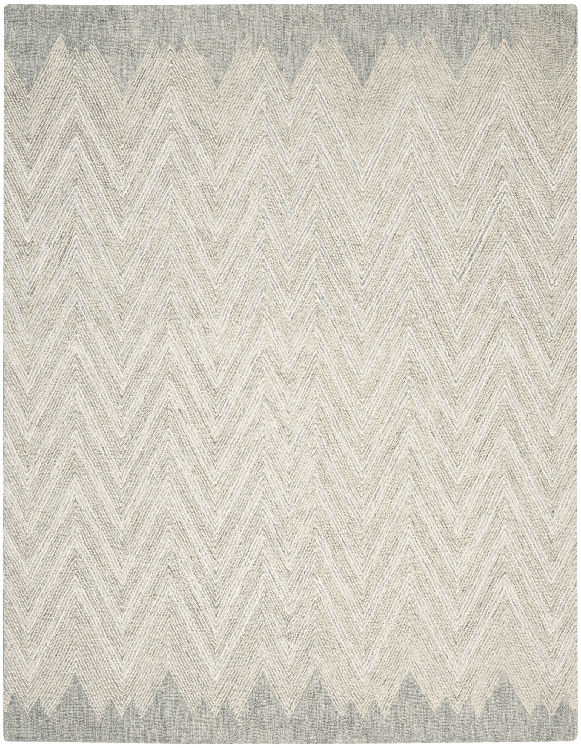 Rectangular woven rug with beige chevron zigzags and gray-blue borders at the top and bottom, soft, textured design.