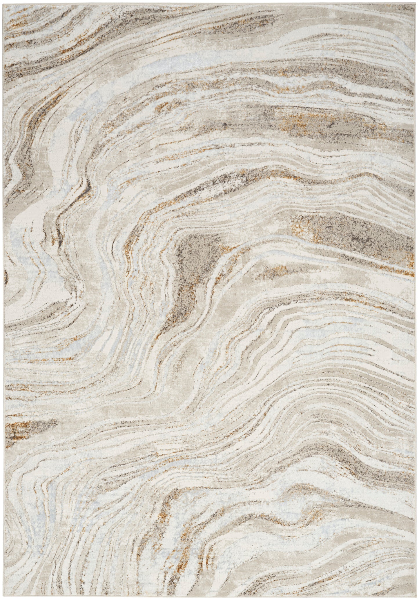 Beige cream area rug with swirling tan and taupe marble pattern and soft textured appearance.