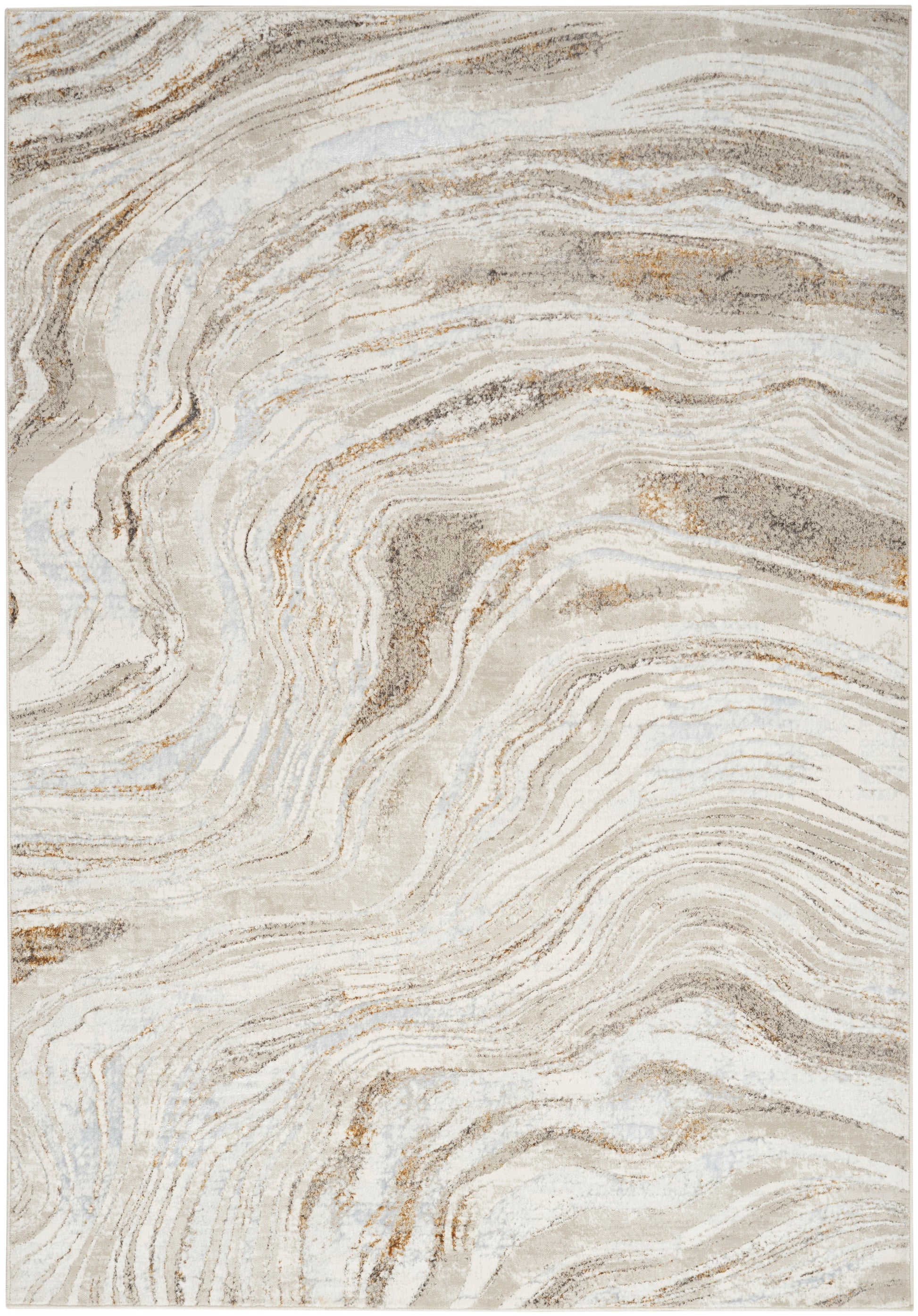 Beige cream area rug with swirling tan and taupe marble pattern and soft textured appearance.