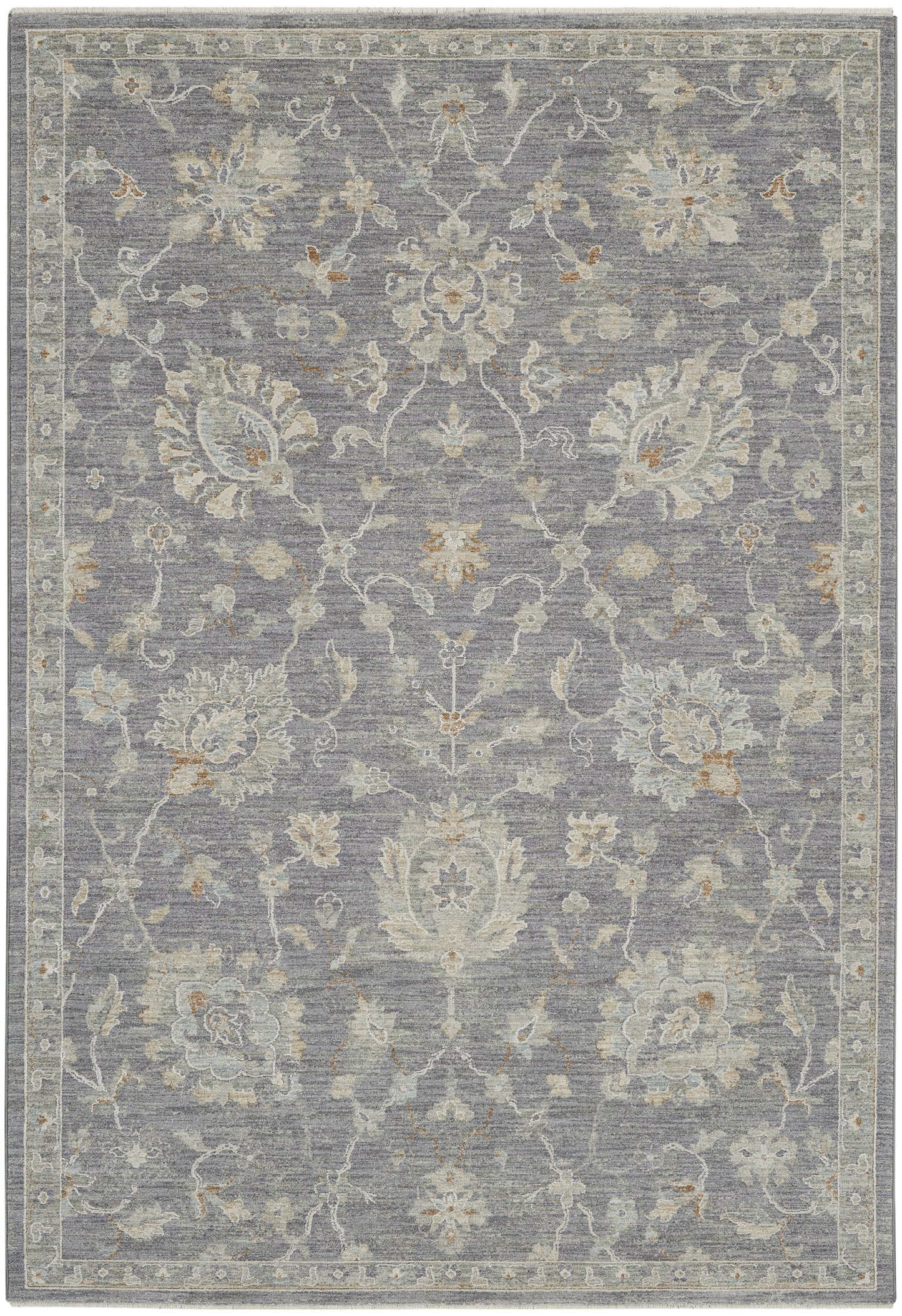 Muted gray-blue traditional floral area rug with ivory/cream & light gold accents, ornate border, woven texture.